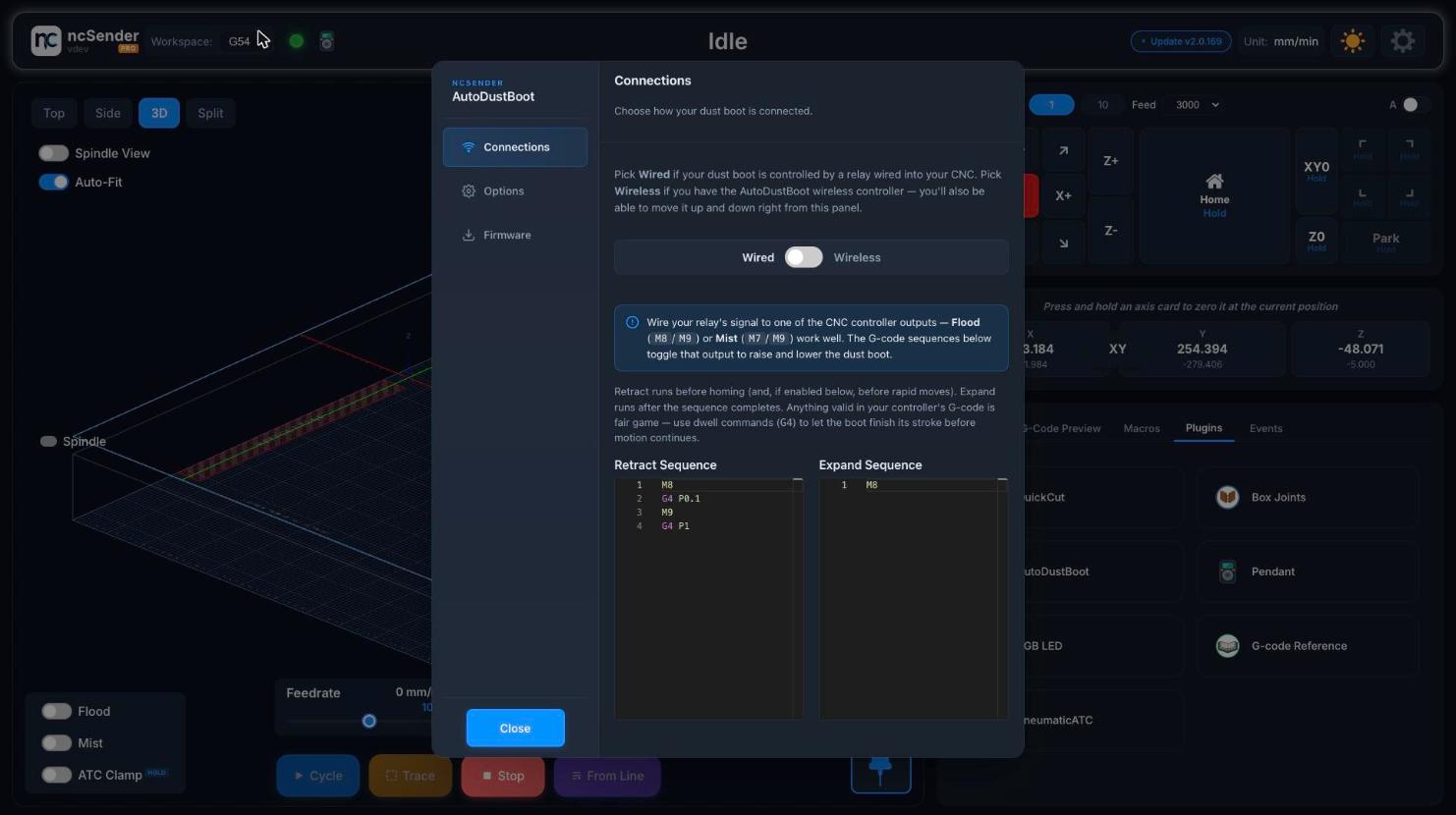 AutoDustBoot Connections tab — Wired mode