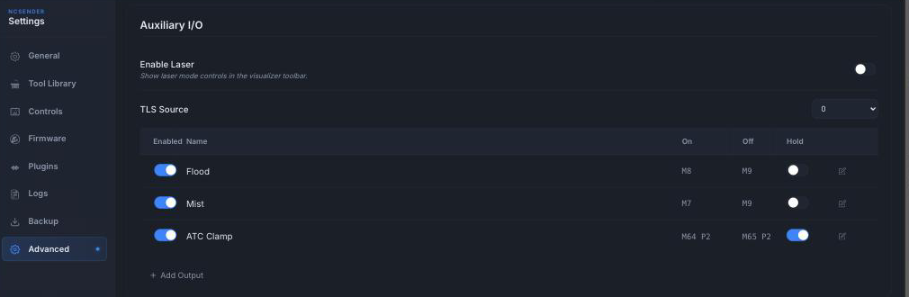 ncSender Auxiliary I/O settings