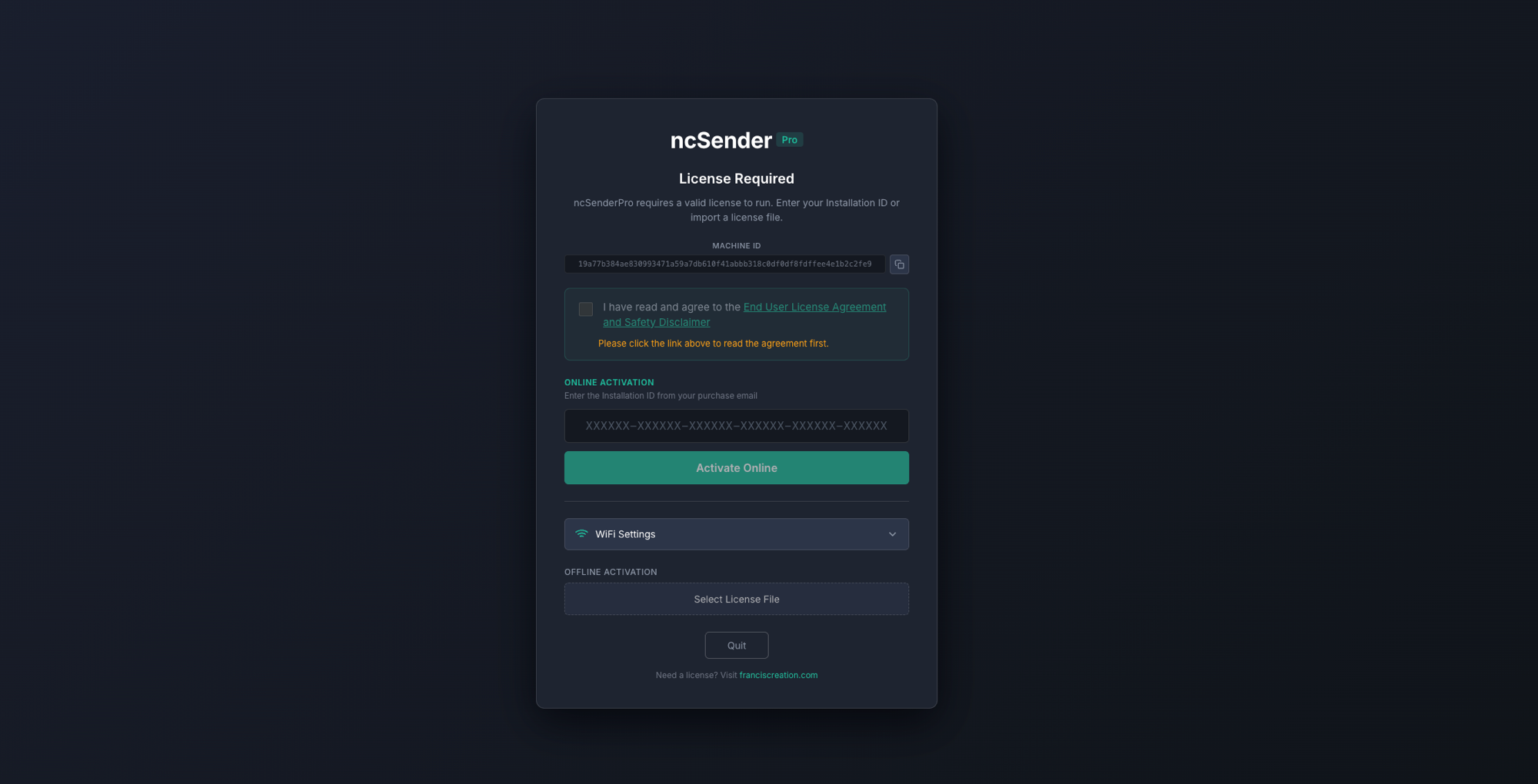 License activation screen