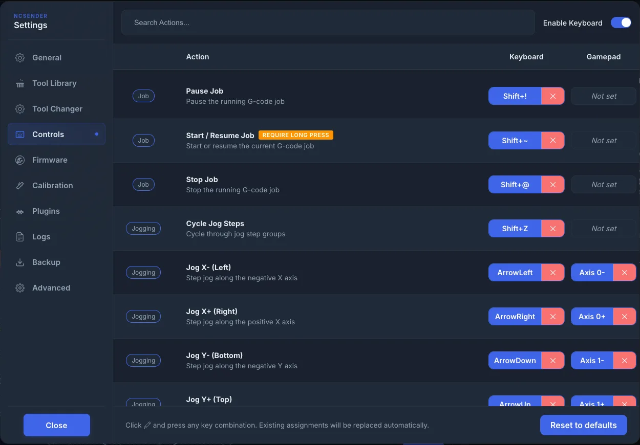 Controls tab